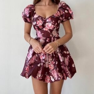 LOVESHACKFANCY Hansel Puff Mini Dress in Floral Oxblood